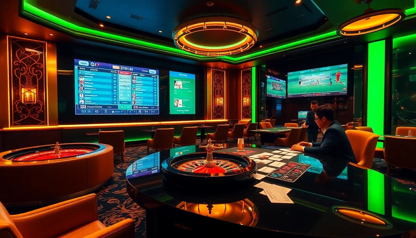 Agen Judi Bola scene featuring live football scores, betting slips, and poker chips.