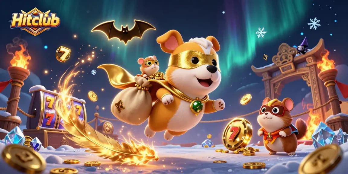 Hitclub's superhero dog and sidekick illustrate exciting jackpot wins in a vibrant casino scene.