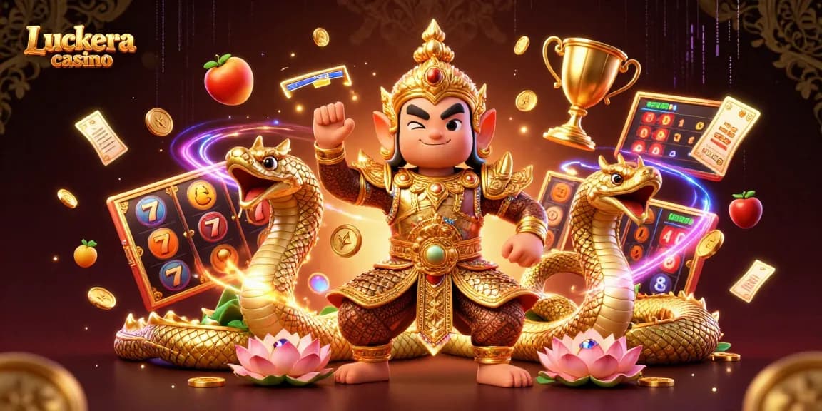 Luckera casino features a dynamic 3D illustration with Thai guardian and slot symbols.