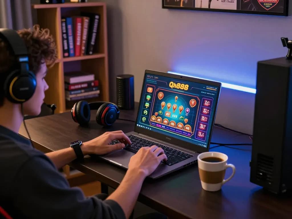 Player immersed in Qh888 online gaming on a laptop in a cozy home environment.