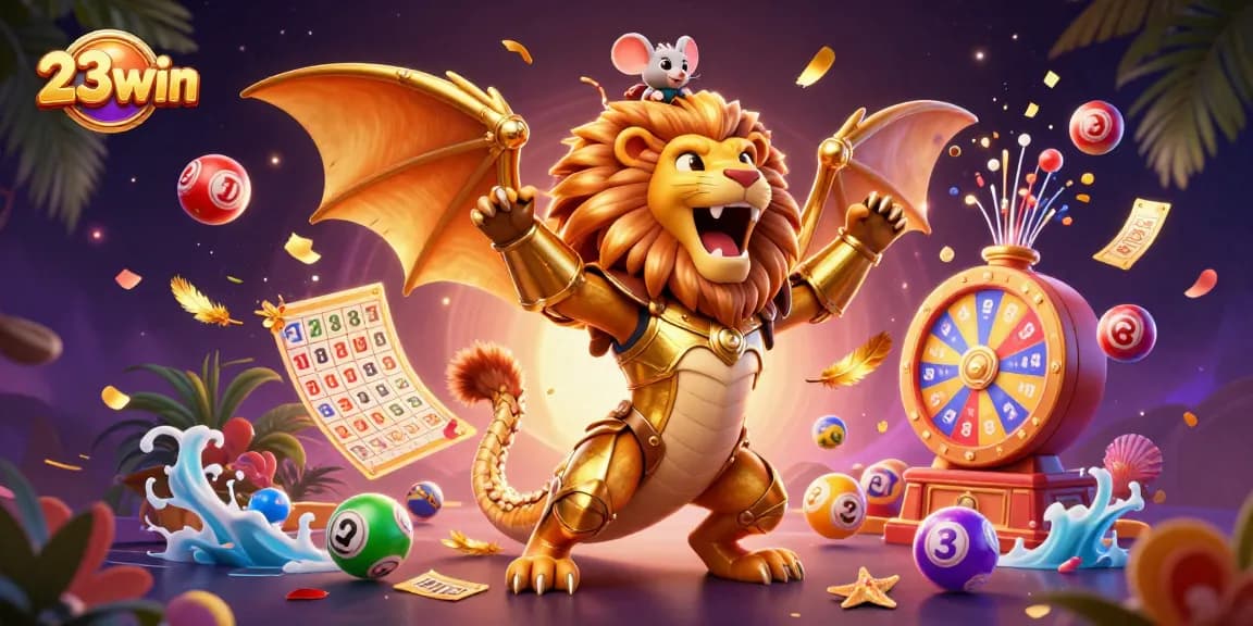 Experience the excitement of 23win with a vibrant 3D casino scene featuring dynamic lottery and casino elements.