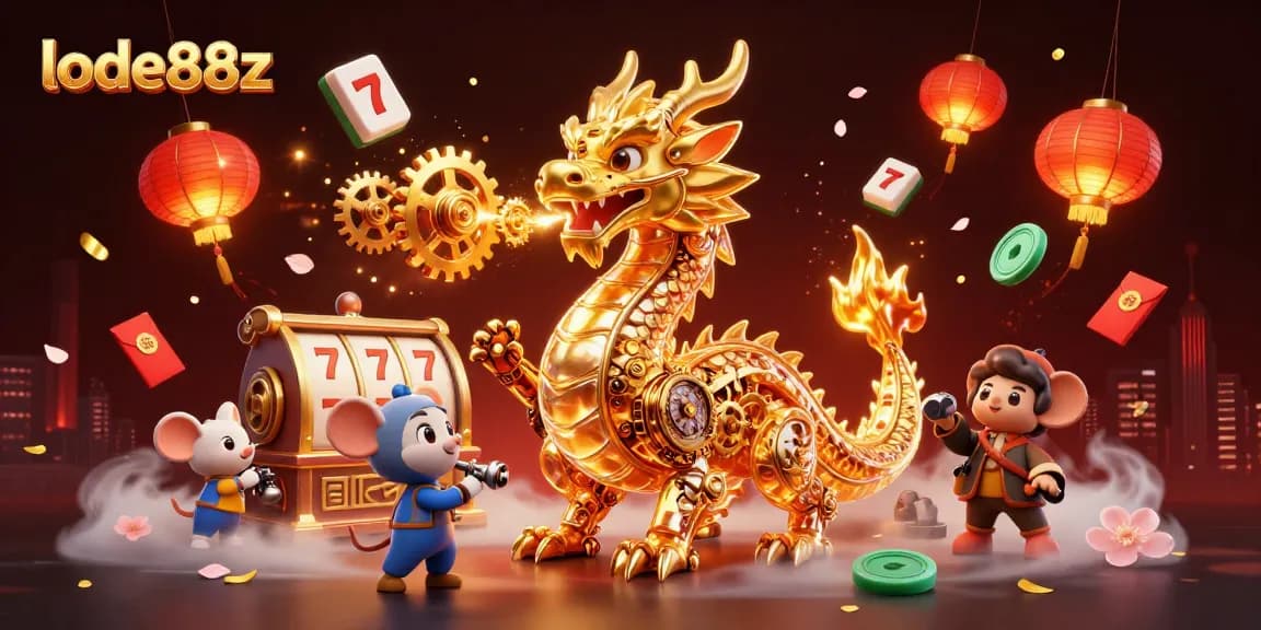 Engage with lode88z as the golden dragon unleashes vibrant slot games and festive decorations.