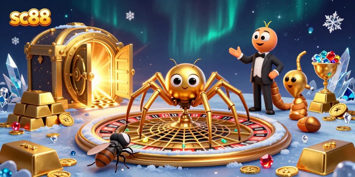 Experience thrilling bets at sc88 with a 3D cartoon scene of a spider croupier and a fly
