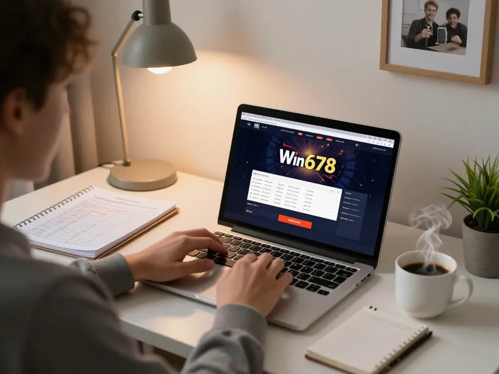 Engaging with Win678 online casino through a cozy home office setup for strategic betting.