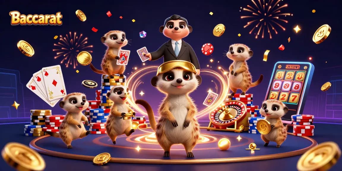 Baccarat game illustration with meerkats running a casino, vibrant colors, and dynamic casino elements.