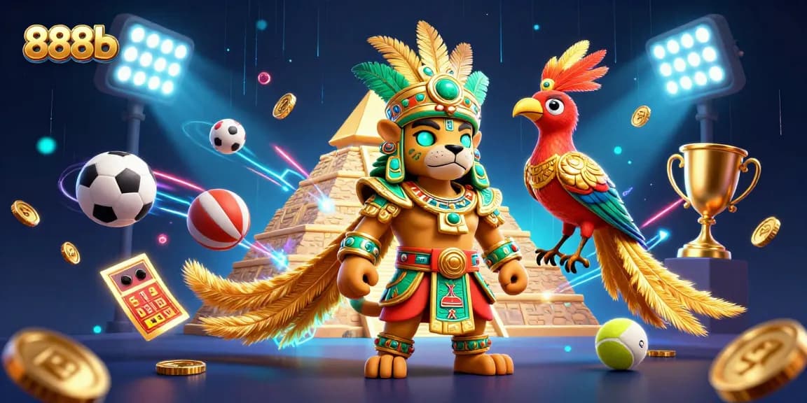 Experience winning with 888b's dynamic sports betting scene, featuring a Mayan priest and vibrant sports elements.