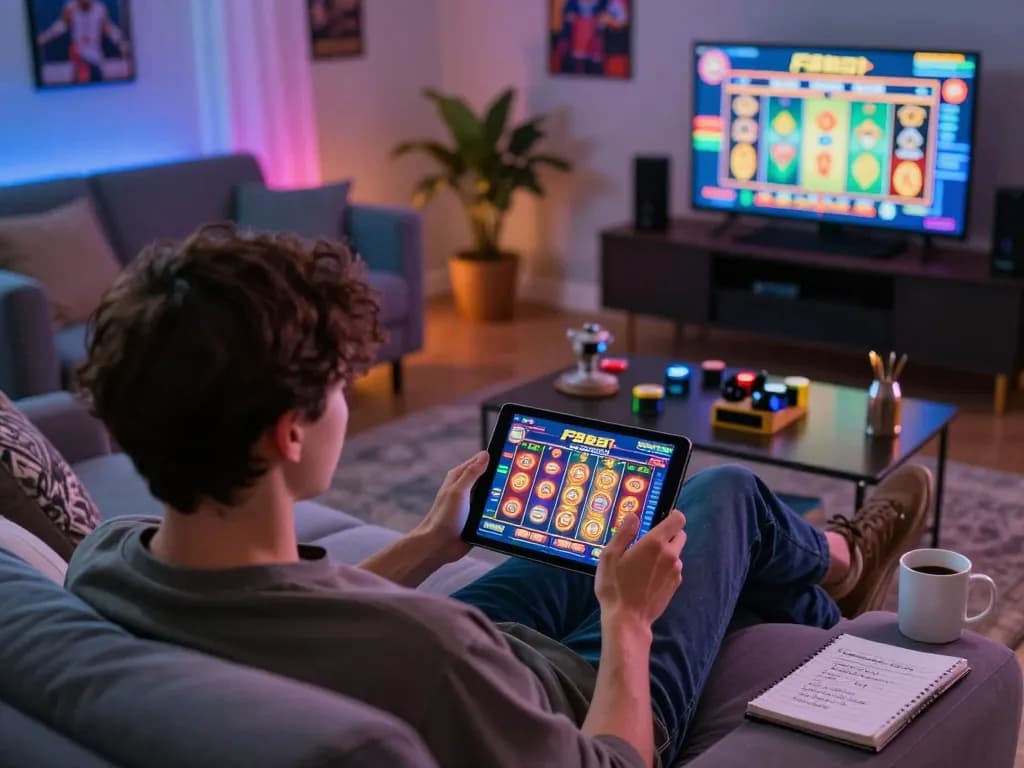 Engaging in online gambling with F8bet on a tablet, showcasing a cozy living room environment.