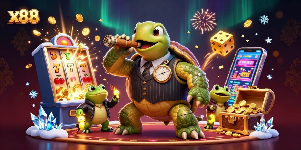 Spin the reels at x88 with a vibrant casino scene featuring animated characters and exciting game elements!