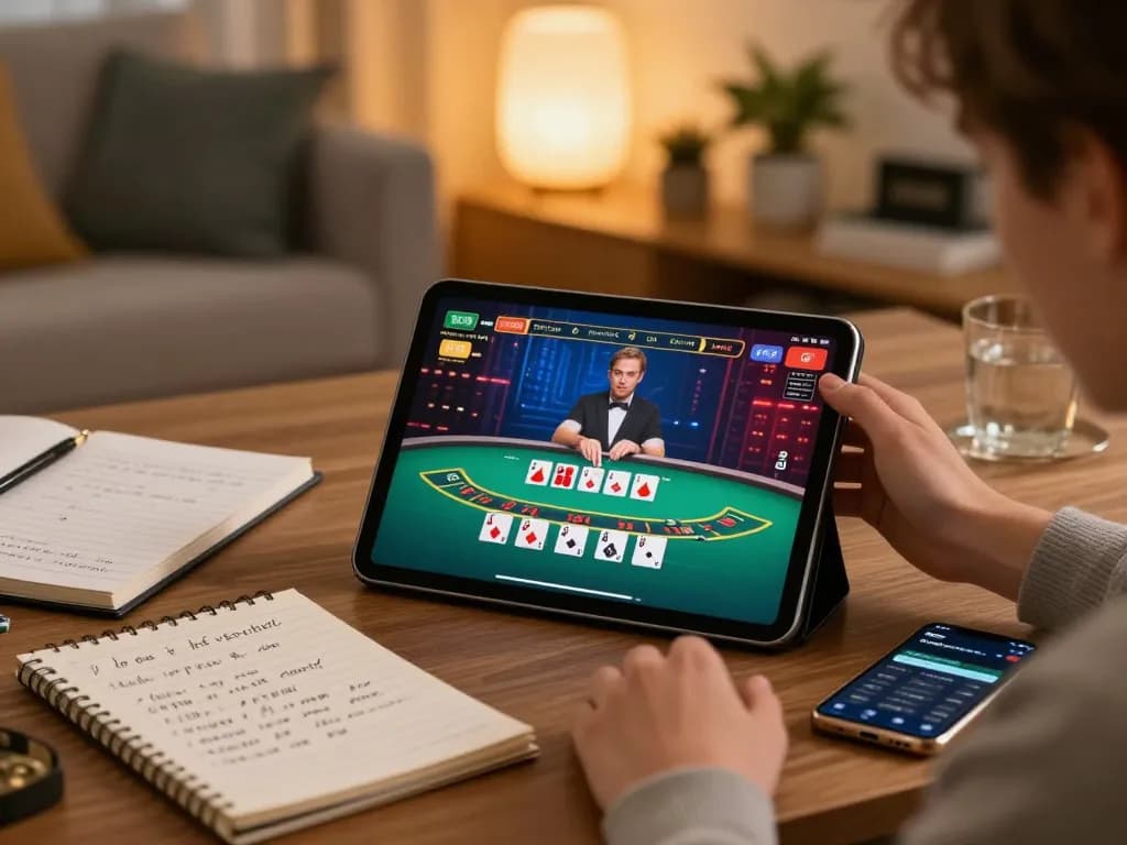 Engaging in LGOGOAL live blackjack game on a tablet at home with strategic notes.