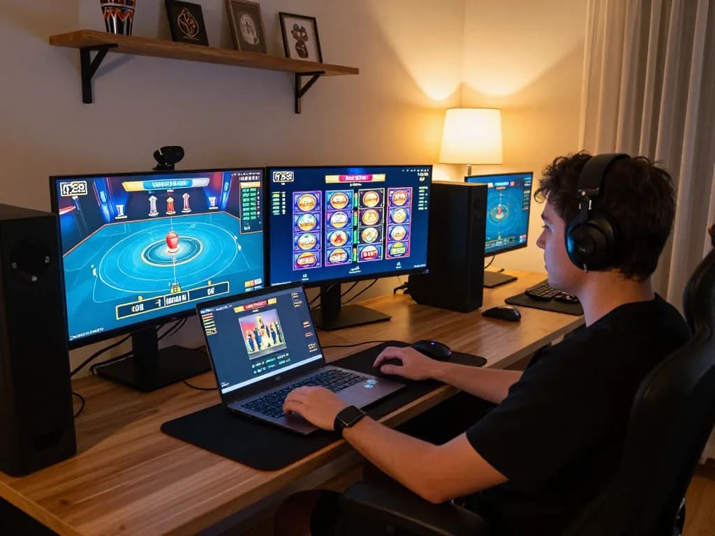 Player using kp88 online casino on sleek laptop in modern gaming setup