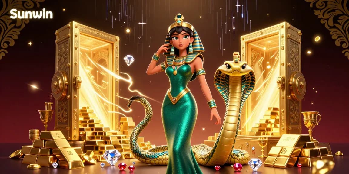 Experience excitement with Sunwin's dynamic casino illustration featuring gold treasures and gaming elements.