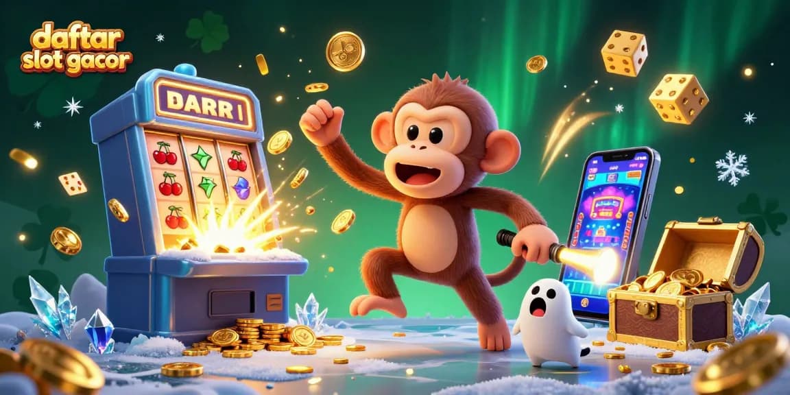Engage with daftar slot gacor through a visual story of a mischievous monkey and a puppy in a lively casino scene.