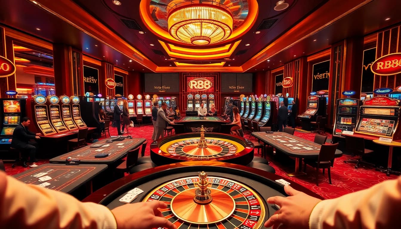 Dynamic gameplay at rr88 casino, featuring lively slot machines and betting tables.