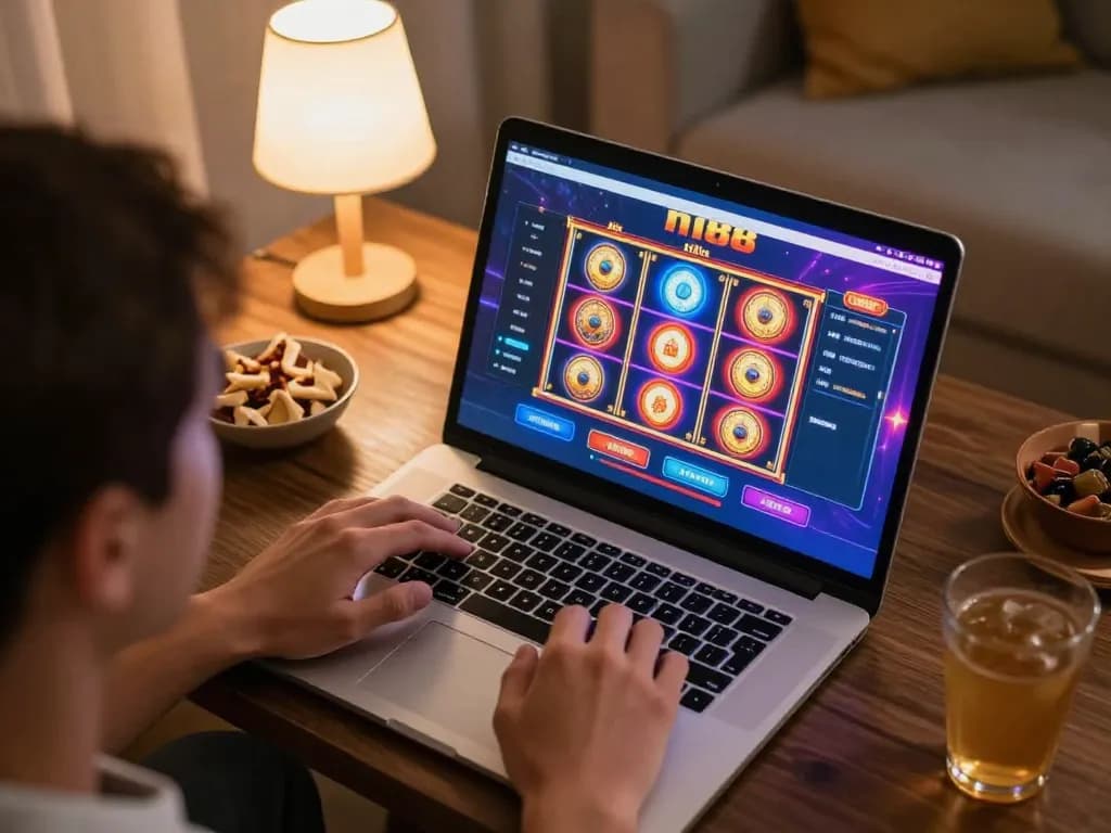 Player enjoying n188 gaming experience on laptop with vibrant slot machine display in cozy setting.