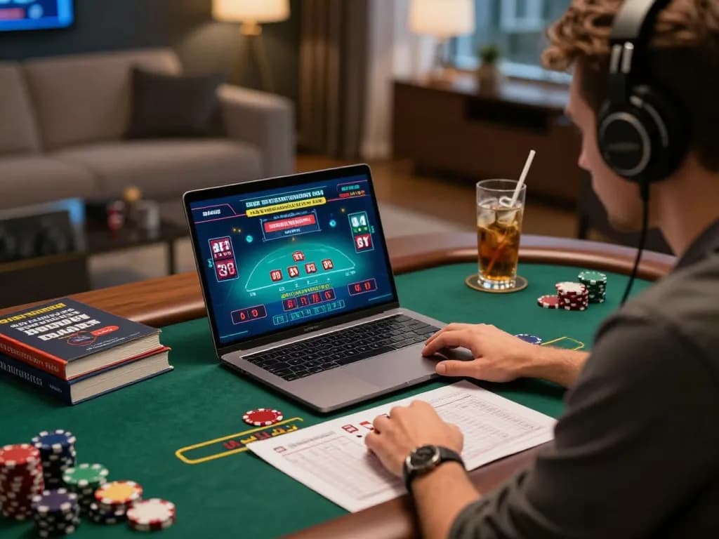 Engaged online player using g28tv to strategize during a live blackjack game with notes and a laptop.