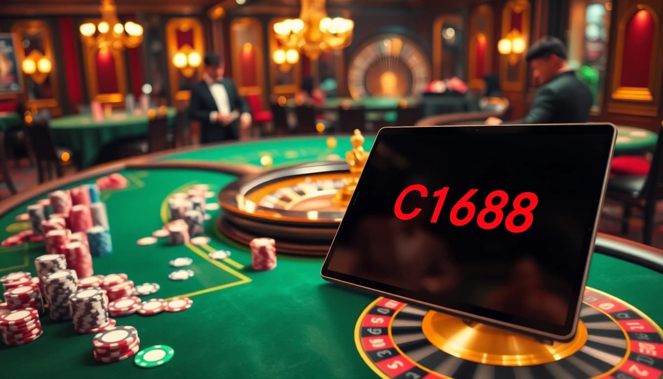 C168 online gambling interface amid vibrant casino tables and roulette wheel lights