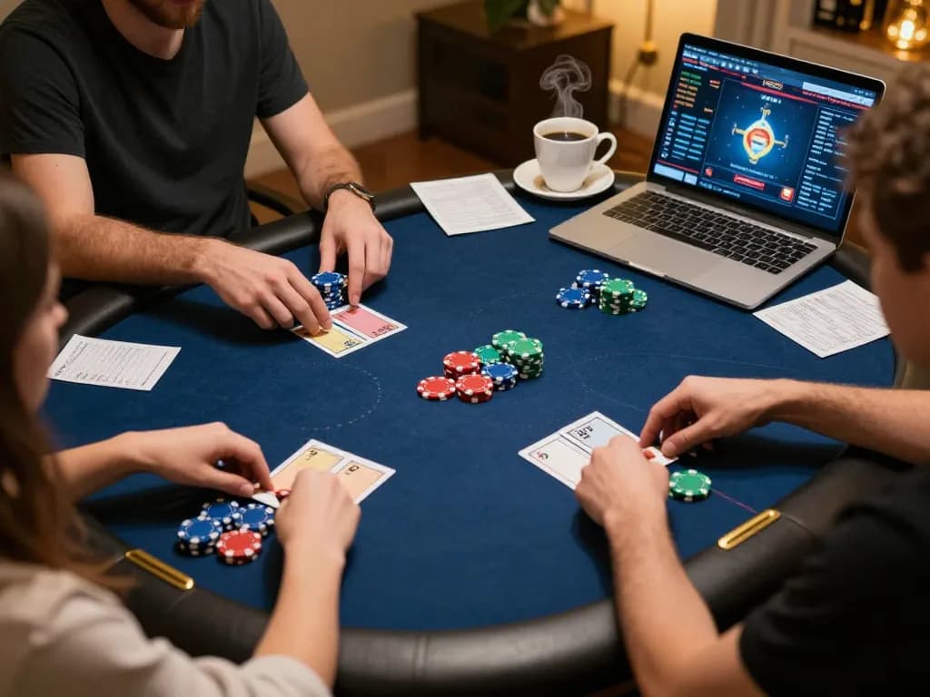 Players engaging in intense TR88 online poker game with chips and strategy notes visible