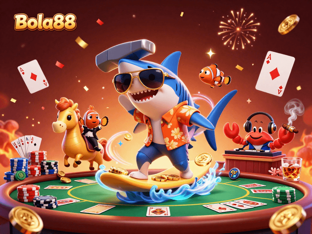 Bola88 menghadirkan aksi kasino yang seru dengan hiu dan ikan badut dalam ilustrasi 3D yang gemerlap.