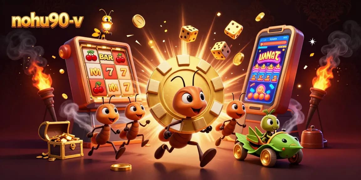 Engage in thrilling gameplay at nohu90-v with ants heisting a giant golden poker chip and a dynamic slot machine