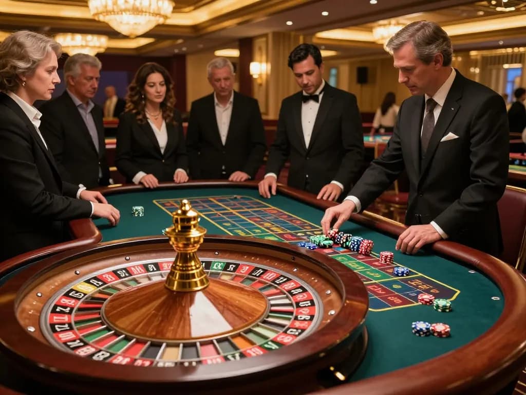 Players engaging at a roulette table at jagoan86 casino, showcasing excitement in a thrilling gambling atmosphere.