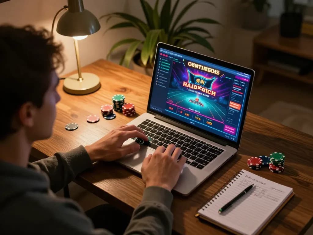 Engaging with 789f ink during an intense online gaming session on a laptop, surrounded by poker chips and strategy notes.