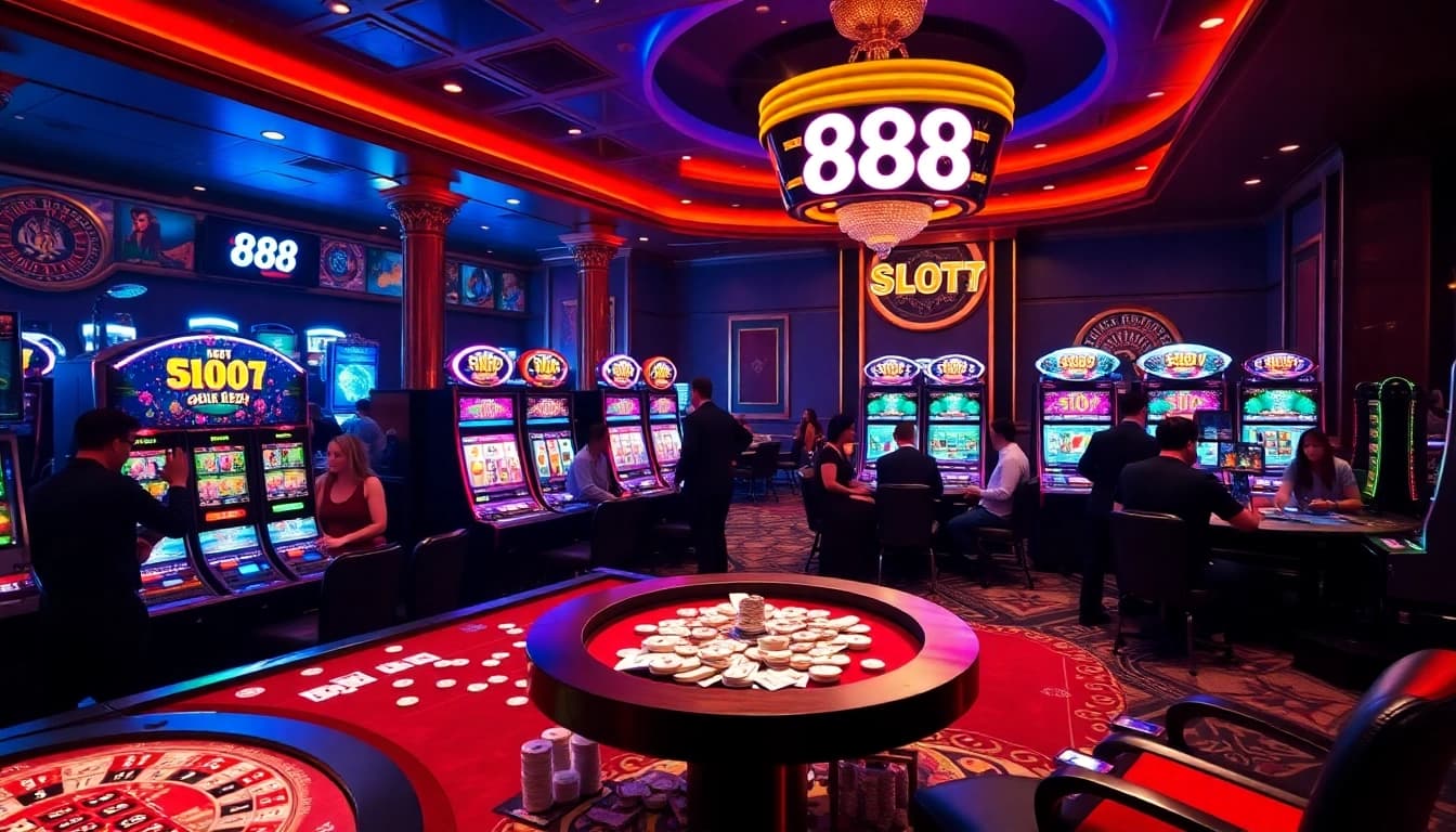 Players engaged in exciting slot 888 games at a vibrant casino atmosphere