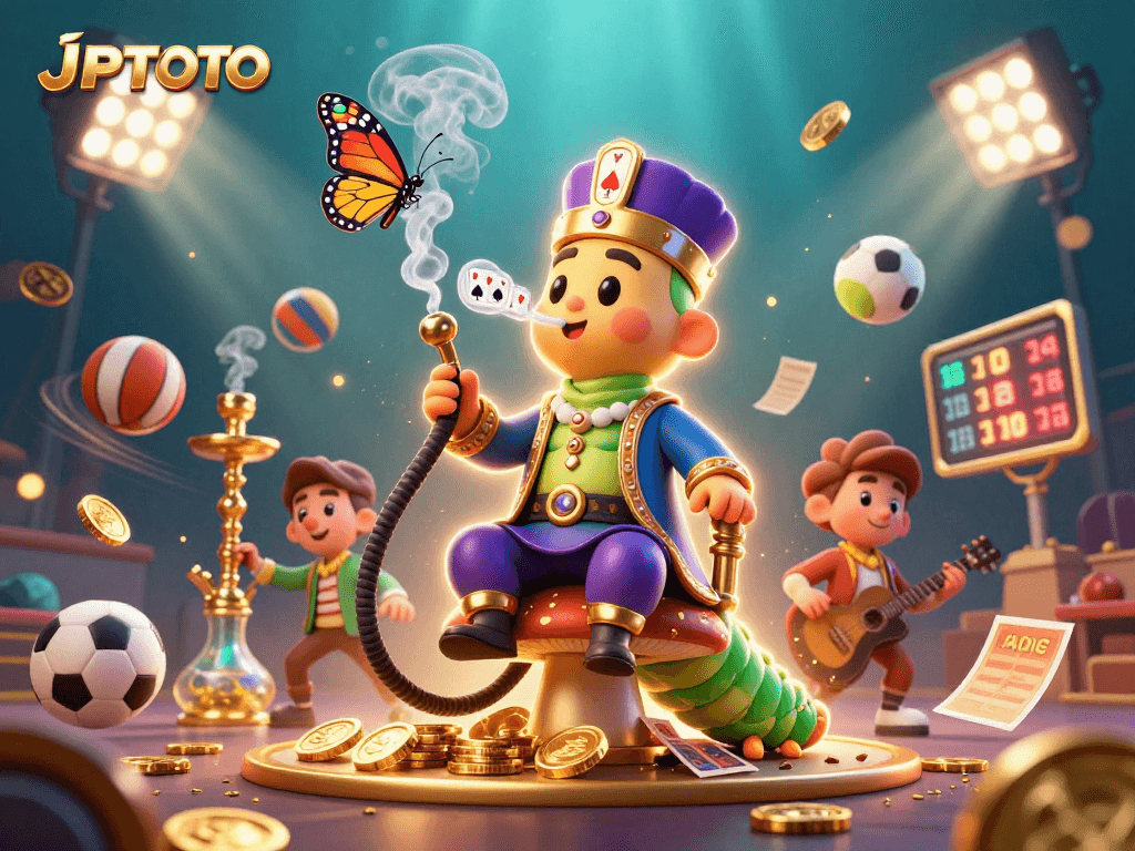 Join the exciting world of JPTOTO with a whimsical 3D illustration of gambling elements and an enchanting caterpillar character.