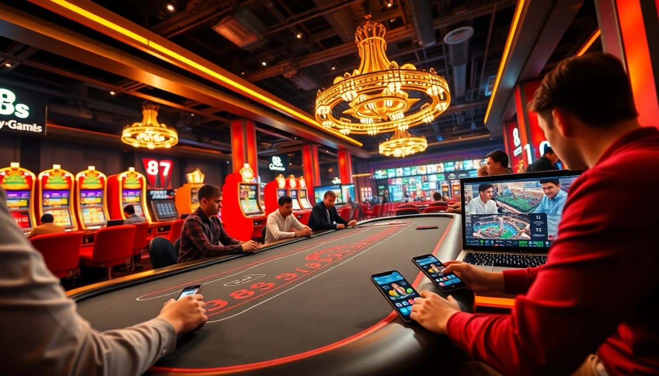 Engaging gaming atmosphere at 8S with players enjoying casino games and sports betting.