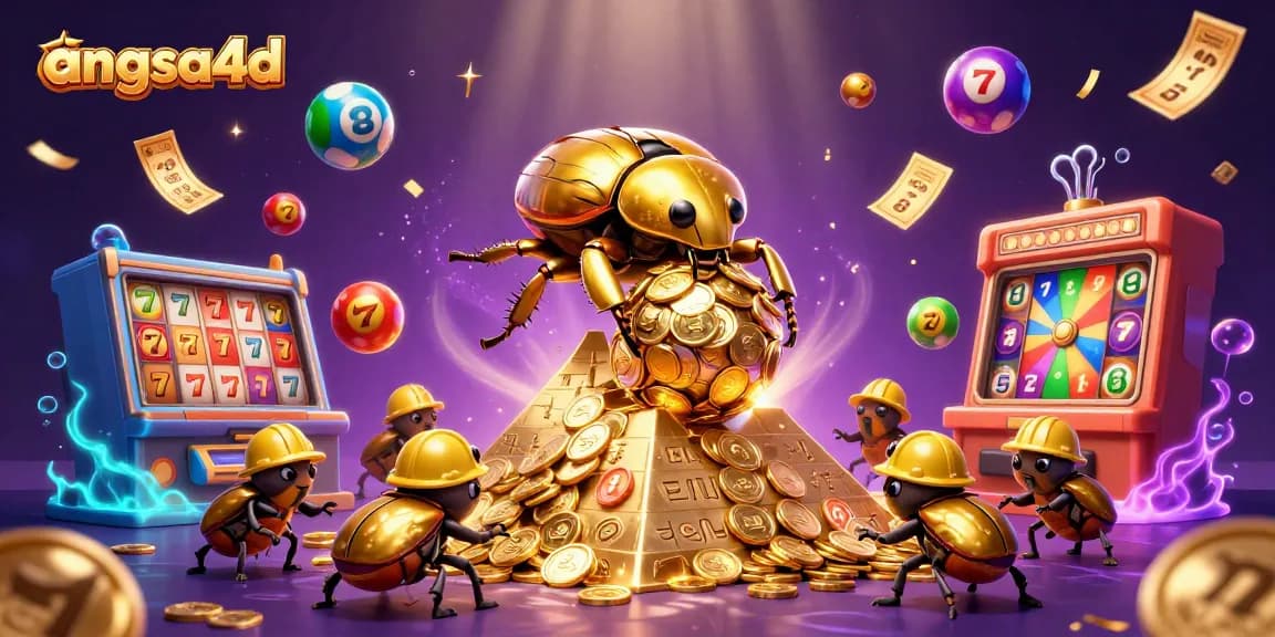 Experience the thrill of winning with angsa4d, a vibrant scene of a golden dung beetle symbolizing jackpot opportunities in a packed online casino.