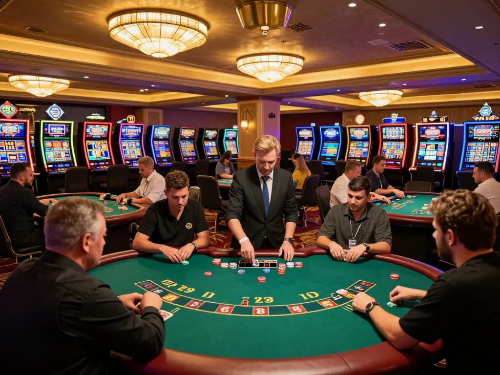 Players enjoying an active game at the 123b casino, showcasing vibrant poker tables and warm lighting.