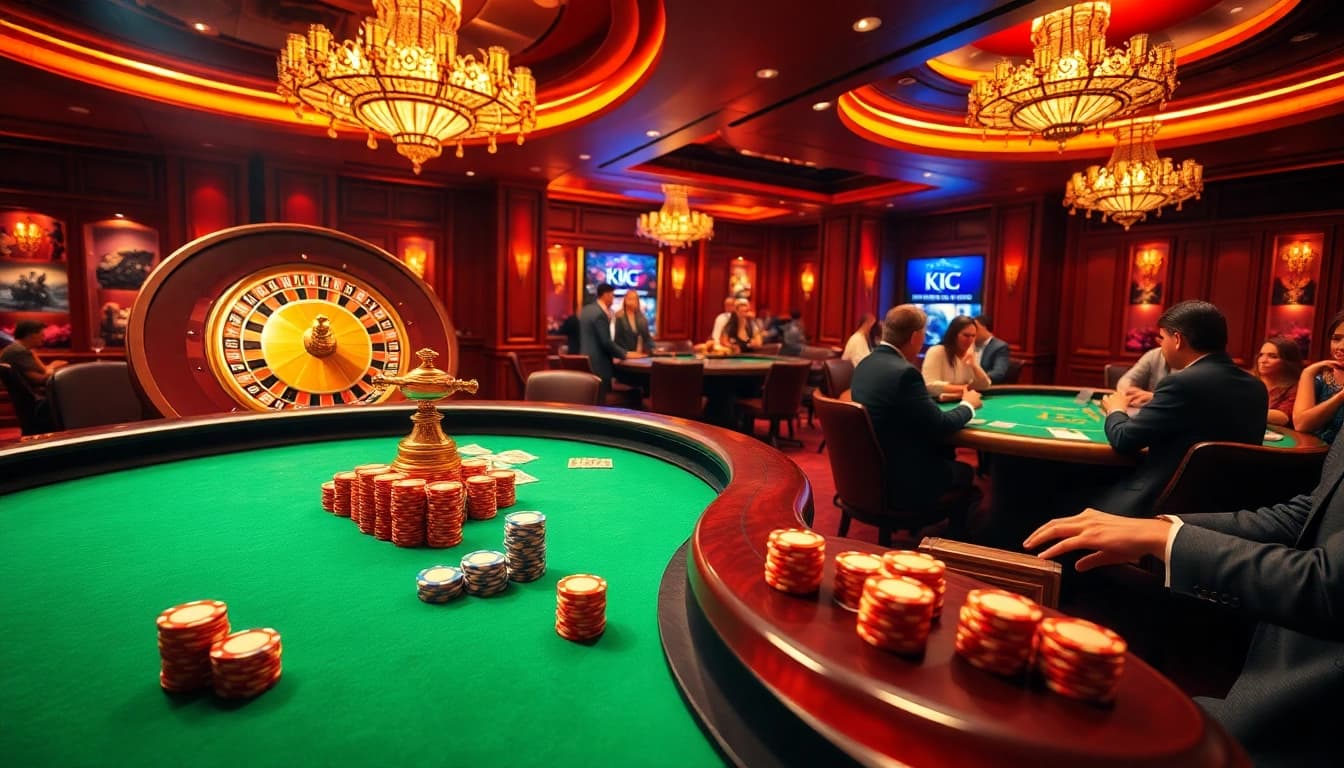 KJC brings excitement to the casino scene with players at a roulette wheel and vibrant poker tables.
