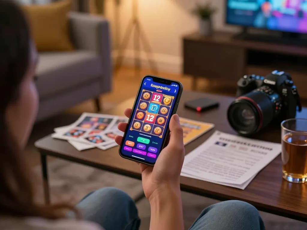 Engaging player using kuwin mobile casino app in a cozy living room for responsible entertainment.