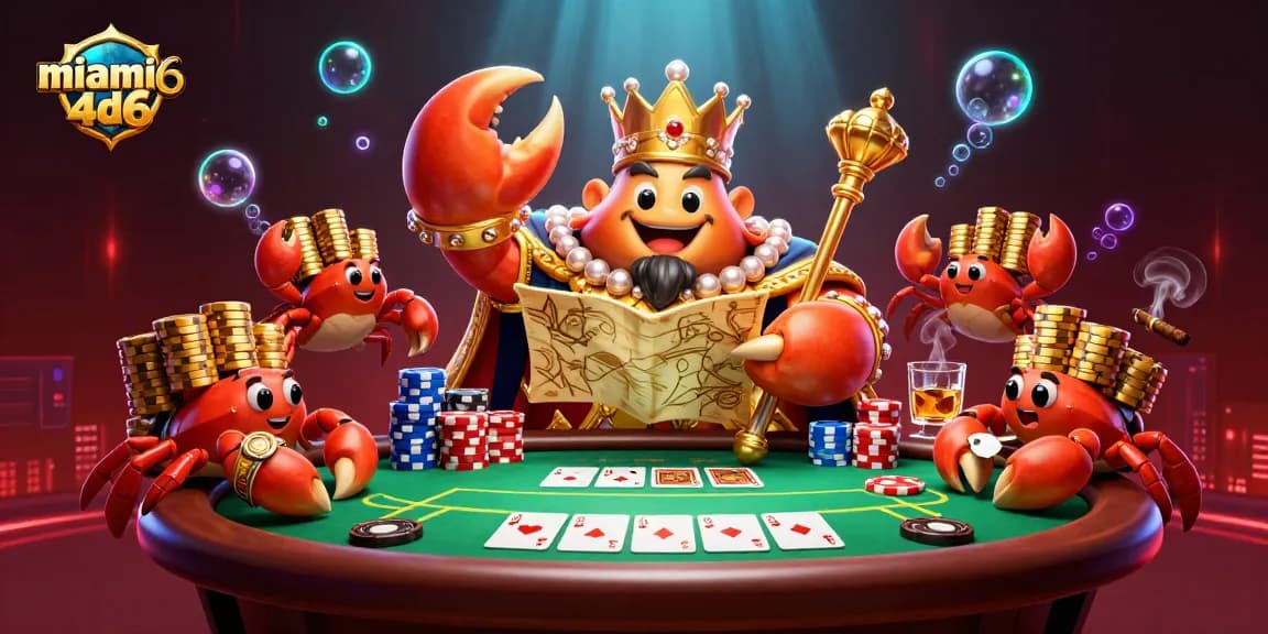 Experience epic gameplay with miami4d6, featuring a golden crab emperor ruling an extravagant poker scene.