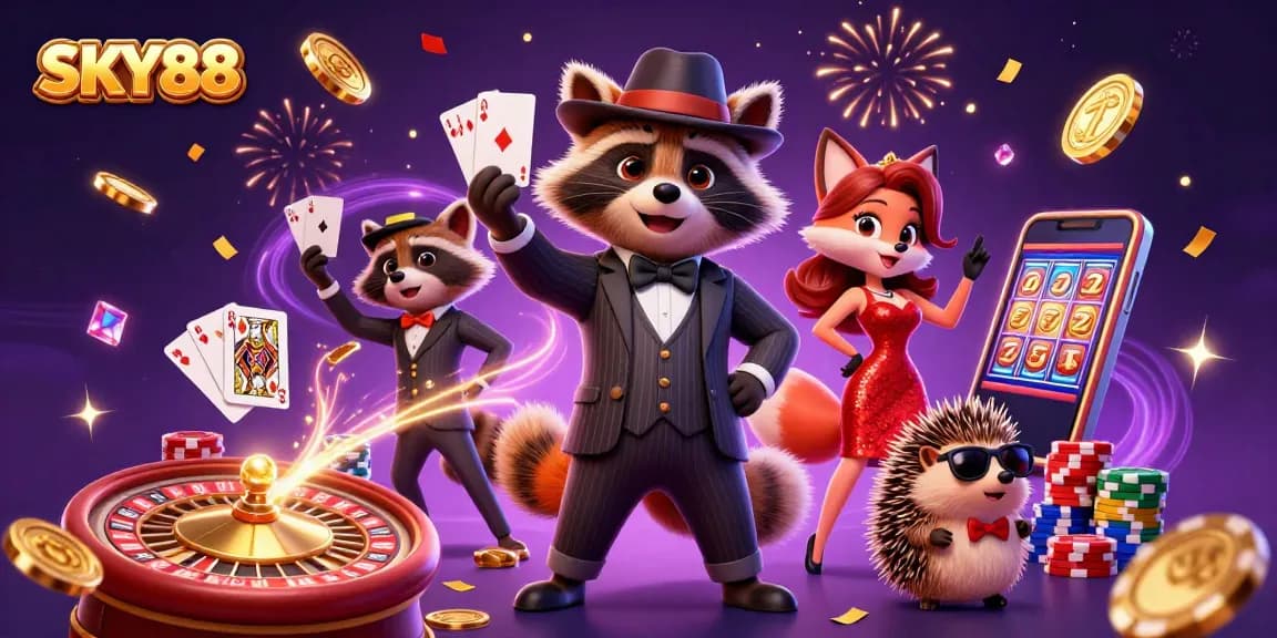 Experience exciting gameplay at SKY88 with a charming raccoon, fox, and hedgehog amidst casino elements and golden coins.