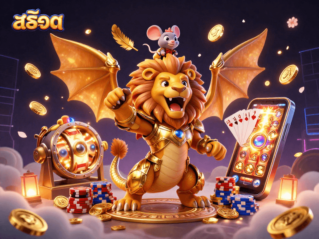 Experience thrilling สล็อต action with a golden chimera and mouse jockey amidst cascading coins and slot reels.