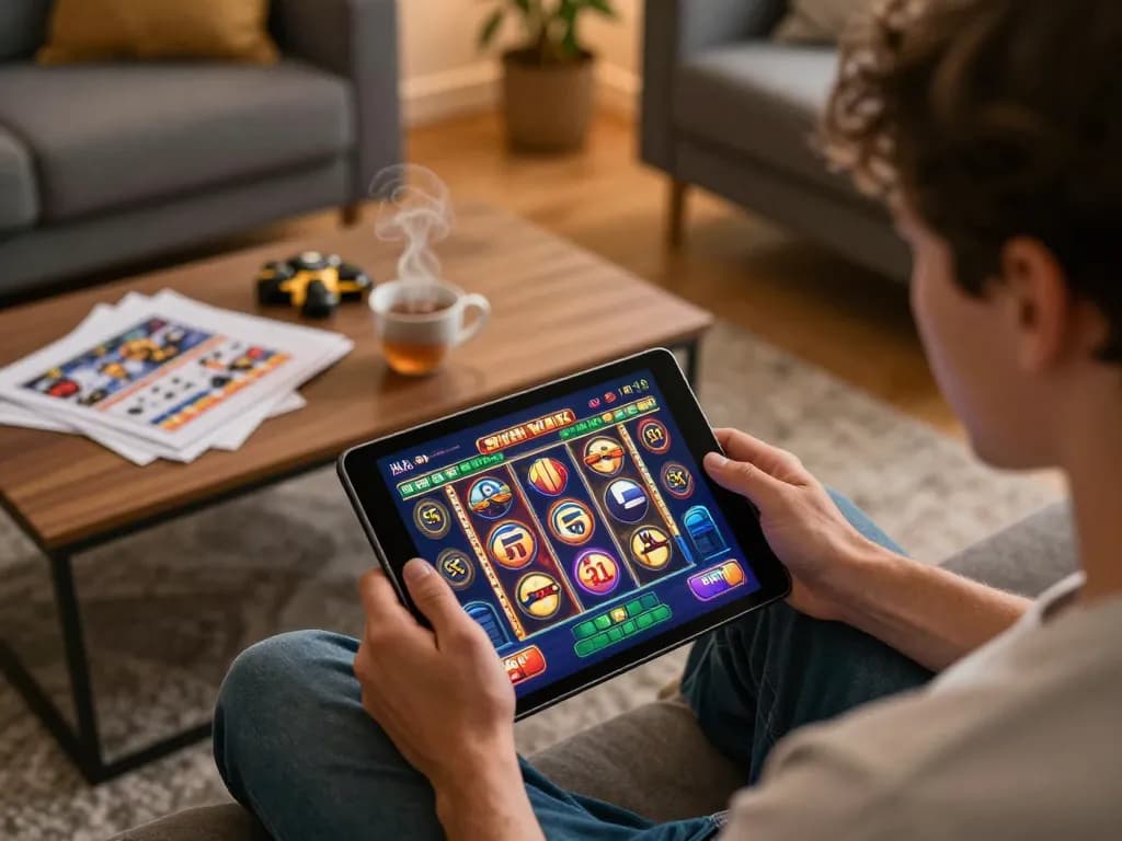Player enjoying slot 5k game on tablet, cozy home setting with strategy notes and warm lighting