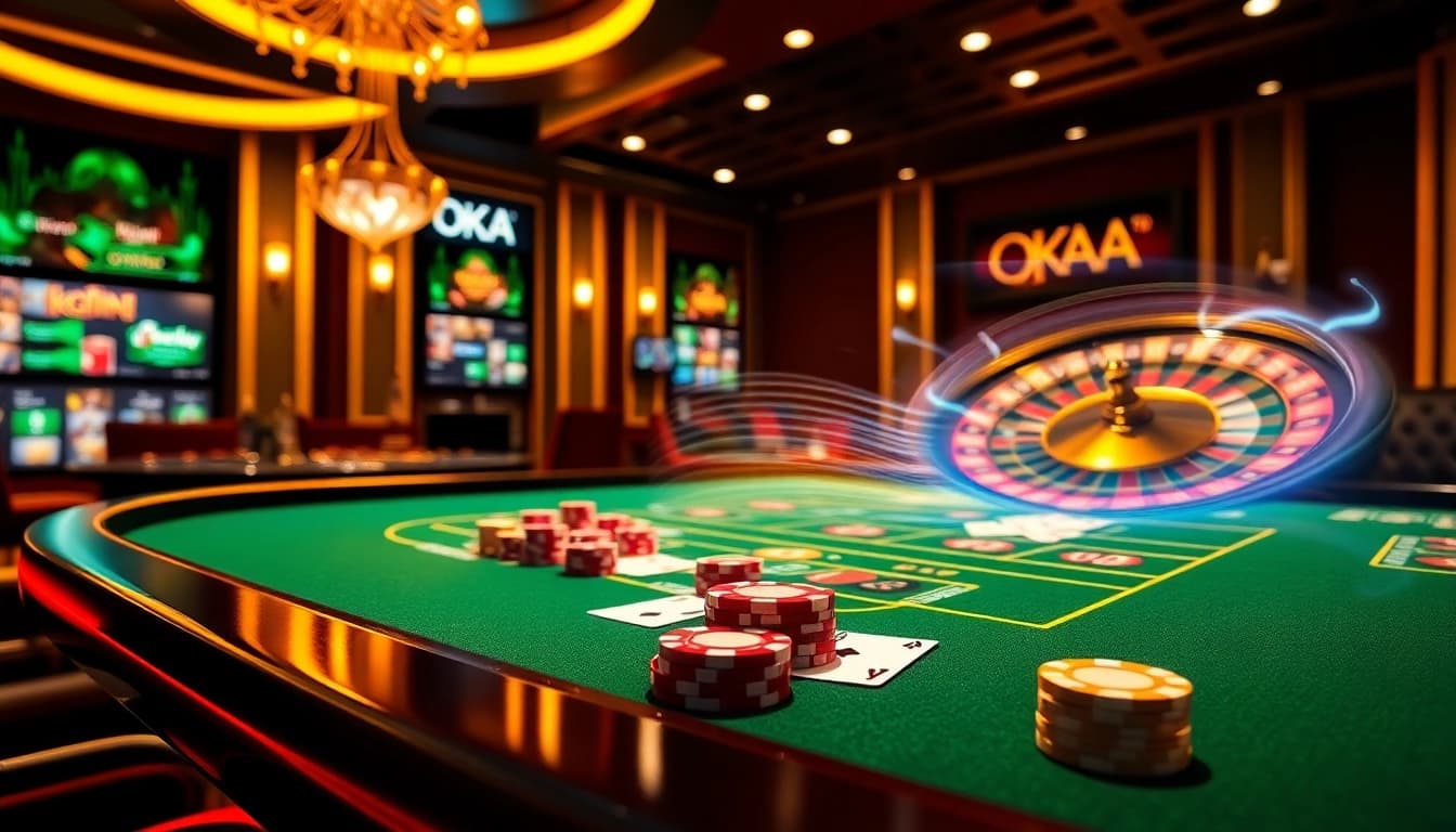 Experience thrilling gameplay at OKATM online casino with vibrant card and poker chip visuals.