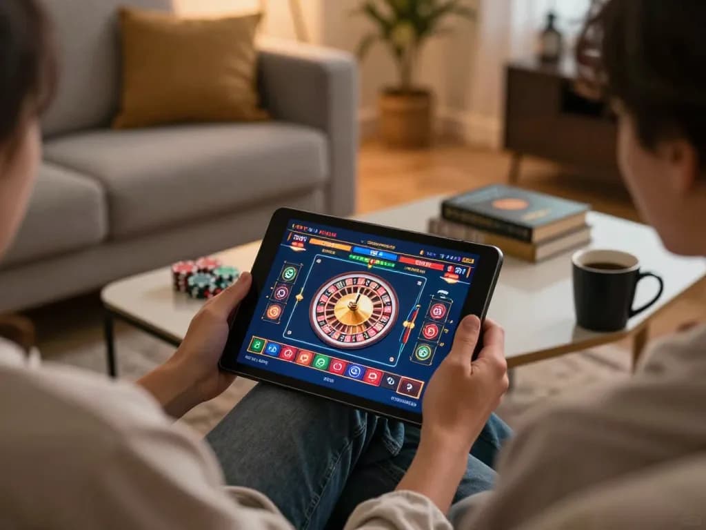 Engaging online casino gaming at home highlighting Canada online casinos with a tablet and roulette interface.