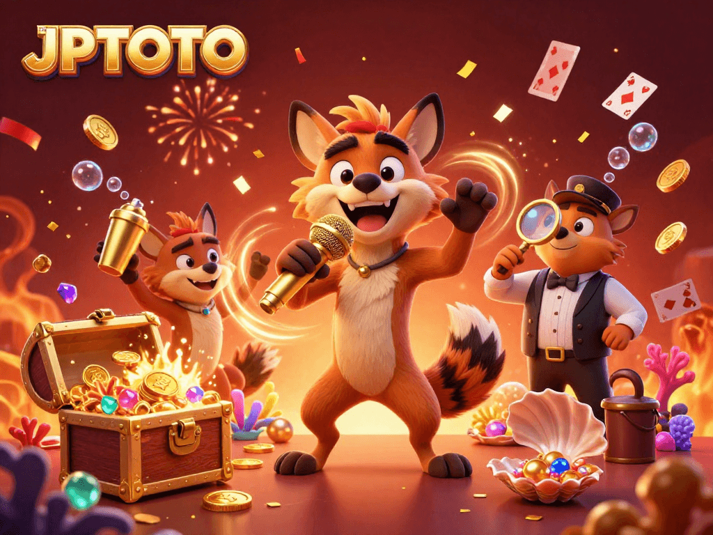 JPTOTO showcases a comedic casino scene with hyenas, drinks, and golden treasures.