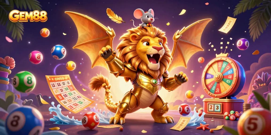 Engage with GEM88's vibrant gaming world featuring a chimera and dynamic lottery elements.