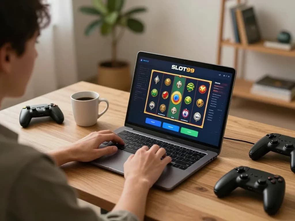 SLOT99 player engaging with online slots, highlighting cozy gaming setup at home