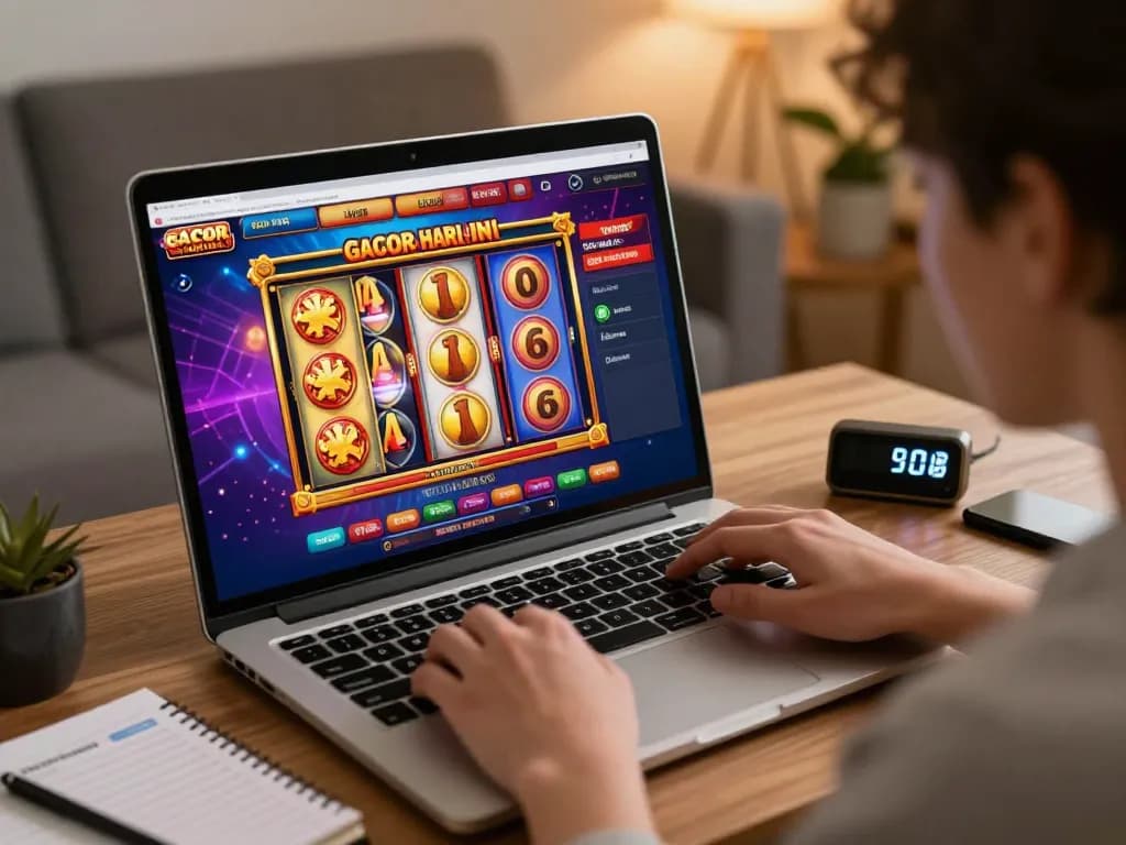 Engaging scene of a slot gacor hari ini game being played online with vivid visuals and responsible gaming elements.