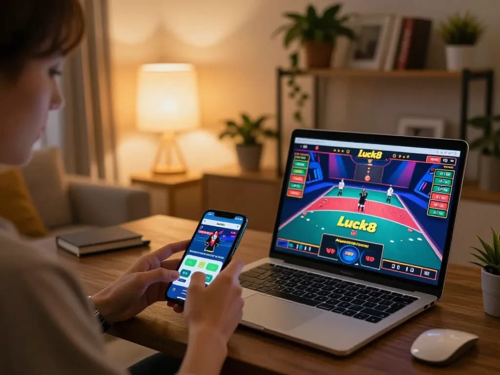 Luck8 mobile gaming experience with user actively engaging via smartphone in a cozy living room setting