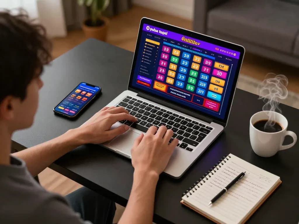Engaging home gaming atmosphere showcasing a player focusing on pulsa togel online while analyzing betting strategies.