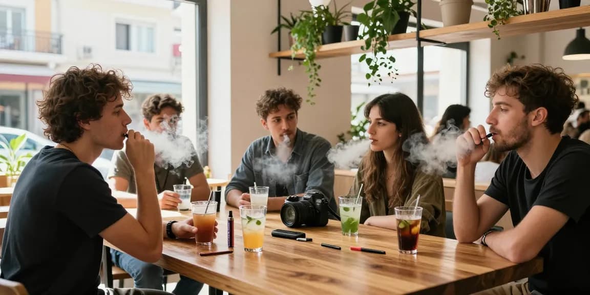 Can you vape in Cyprus? Young adults enjoying vaping in a bright café while sipping organic drinks and socializing.