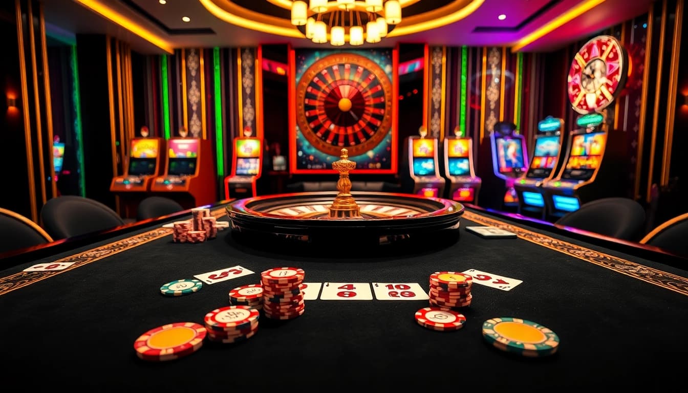 Experience high-stakes gaming with KING88 at the luxurious casino table filled with vibrant poker chips and cards.