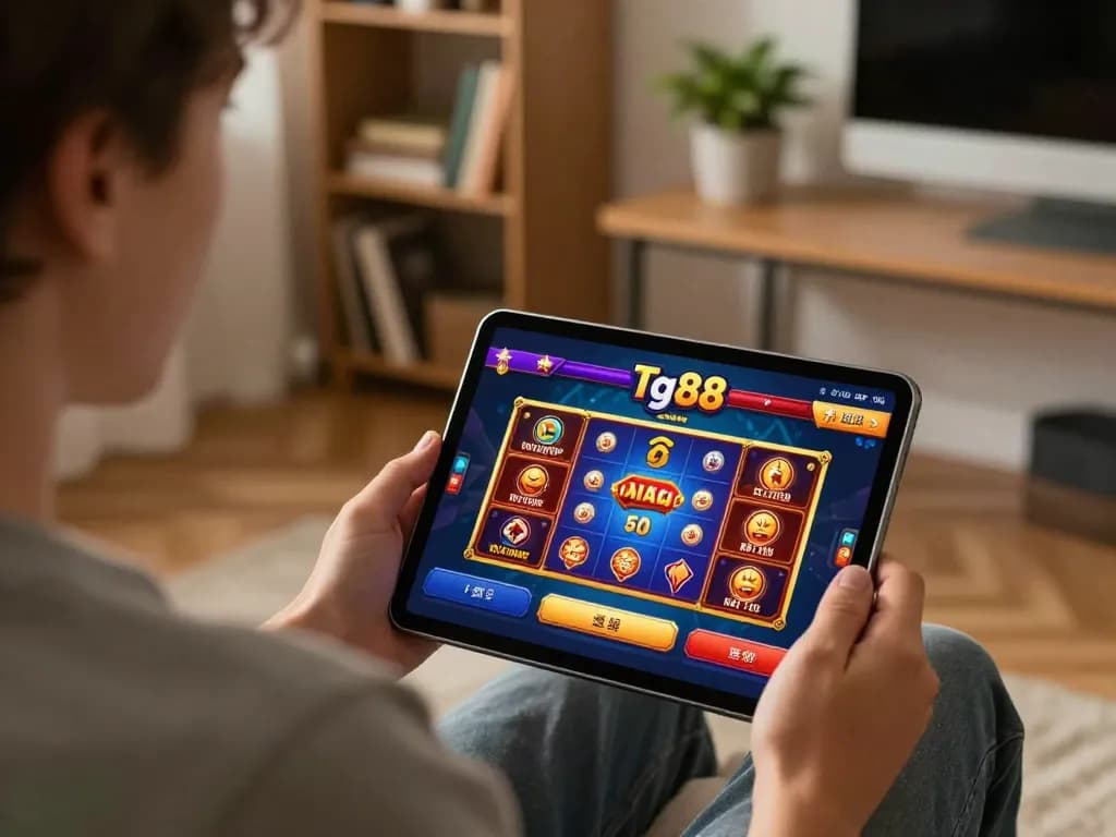 Player enjoying tg88 online casino on a tablet in a cozy home setting with vibrant game graphics.