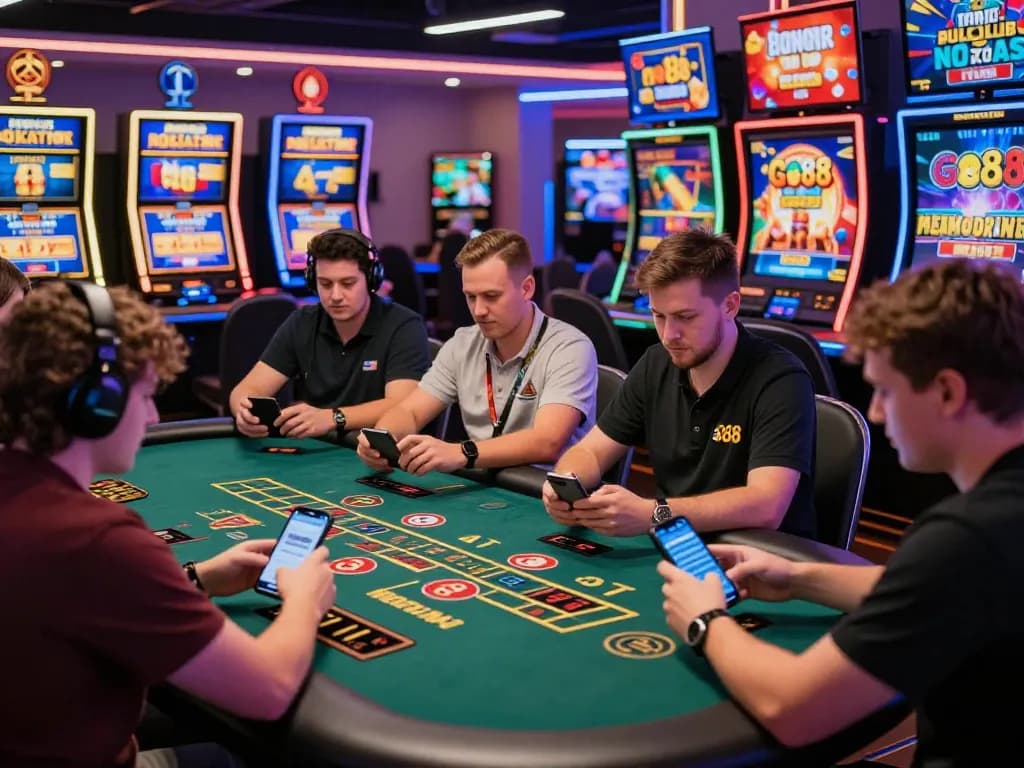 Players experiencing the thrill of online gambling at Go88, engaging with various games and vibrant graphics.