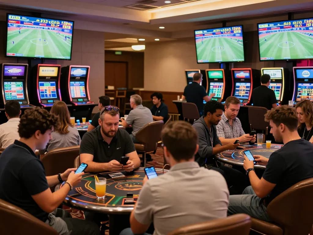 au88 players engaged in sports betting surrounded by screens displaying live odds and matches