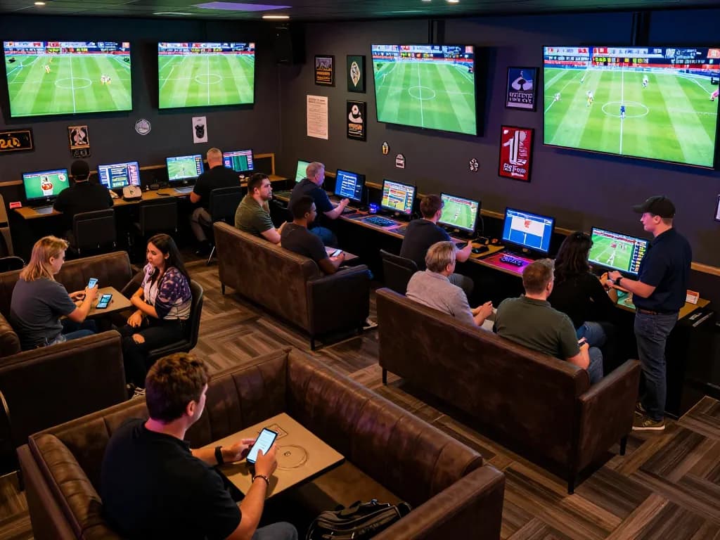 Kèo bóng đá betting enthusiasts discussing live matches in a vibrant sports betting lounge atmosphere.
